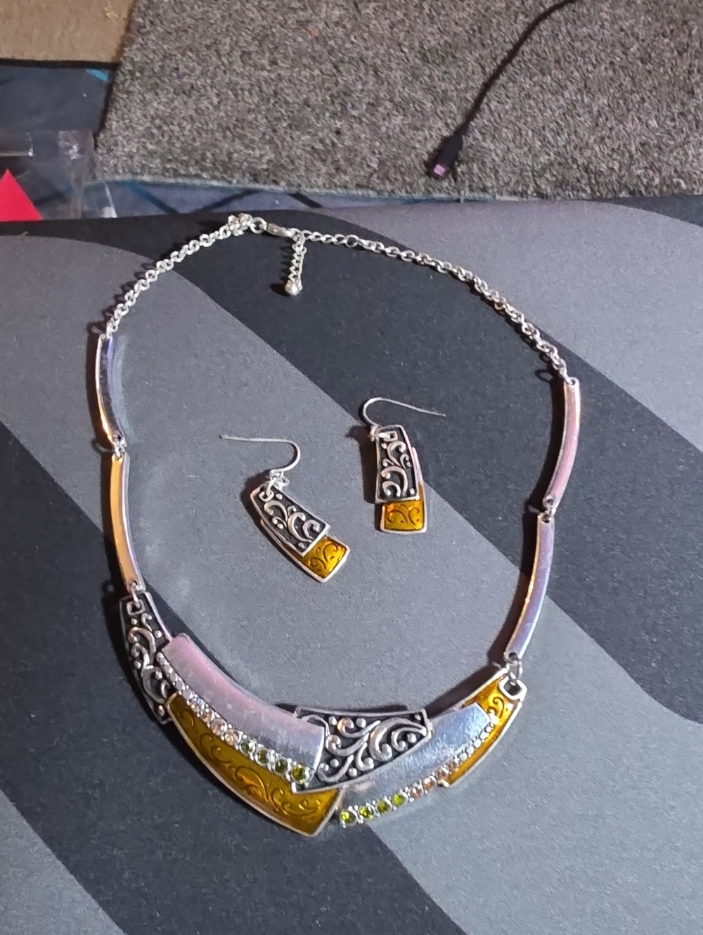 Silver and Gold Tone Filigree Necklace & Earring Set